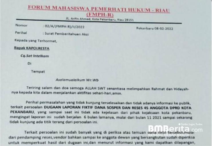 FMPH-R Desak Kejari Pekanbaru Tuntaskan Kasus Dugaan Laporan Fiktif Dana Sosper dan Reses 45 Anggota DPRD Pekanbaru