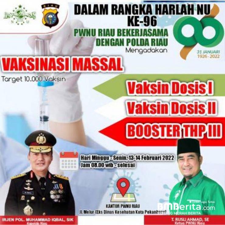 Sempena 96 Tahun Nahdlatul Ulama,  PWNU Riau Bersama Polda Riau Gelar Vaksinasi Massal dan Pasar Murah Minyak Goreng, Catat Tanggalnya