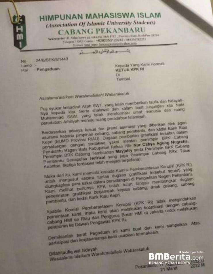 HMI Laporkan Dugaan Gratifikasi Fee Asuransi Kredit Bank Riau Kepri ke KPK