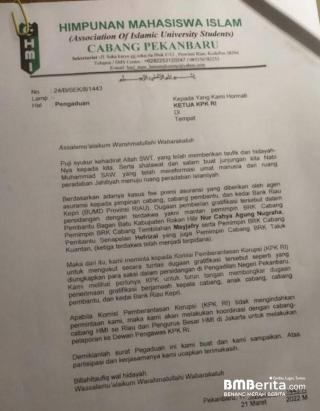 HMI Laporkan Dugaan Gratifikasi Fee Asuransi Kredit Bank Riau Kepri ke KPK