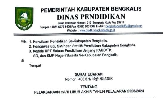 Disdik Bengkalis Keluarkan Surat Edaran Larang Sekolah Lakukan Study Tour