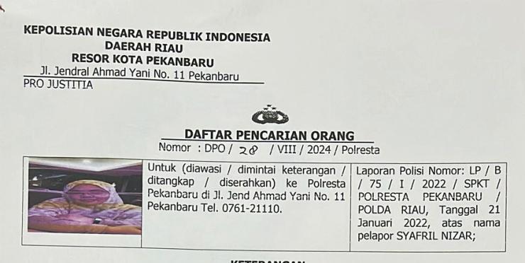 Polresta Pekanbaru Keluarkan DPO Atas Nama WW, Dr YK : Sebaiknya Menyerahkan Diri