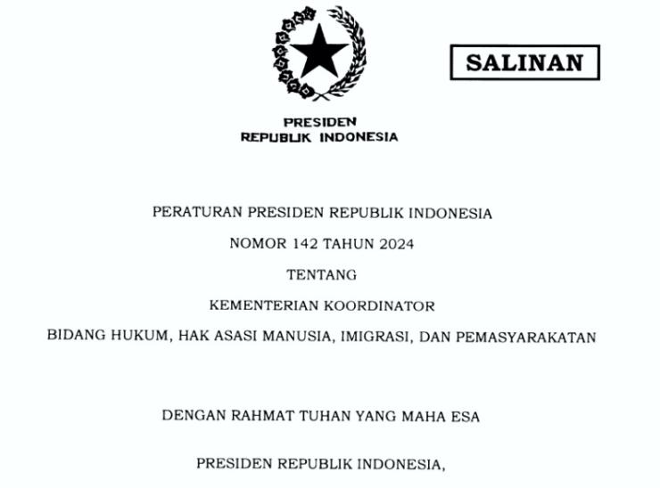 Presiden Prabowo Teken Kepres Tentang Kementerian Koordinator Bidang Hukum, Hak Asasi Manusia, Imigrasi, dan Pemasyarakatan