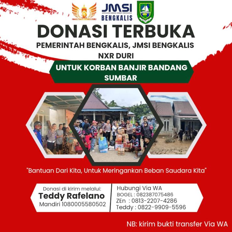 Pemkab Bengkalis, JMSI, dan NXR Duri Kolaborasi Buka Open Donasi untuk Korban Bencana Sumatera Barat